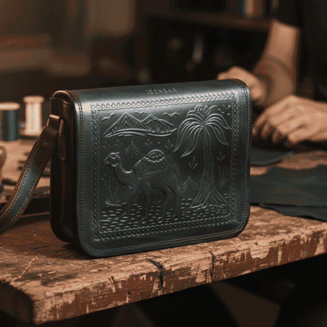 A dark olive green leather bag with embossed design of a camel and landscape on a wooden surface.