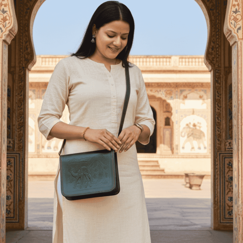 Woman holding a dark olive green bag in front of an ornate architectural background