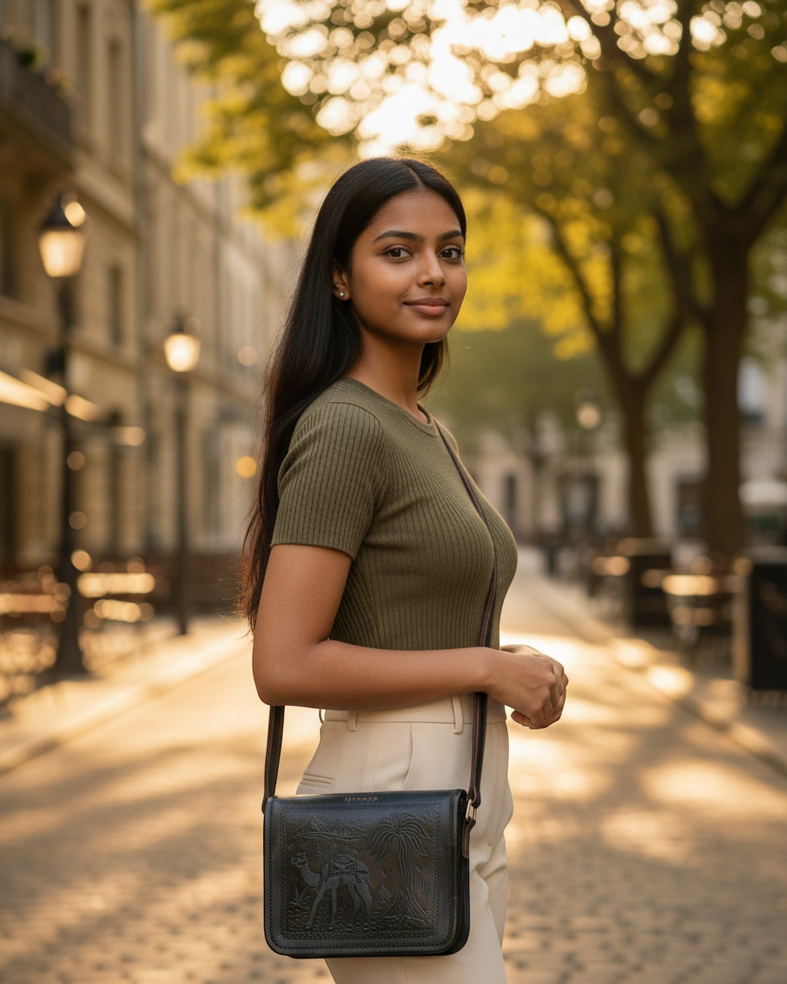 The Jaisalmer Sling in Dark Olive worn cross-body at golden hour