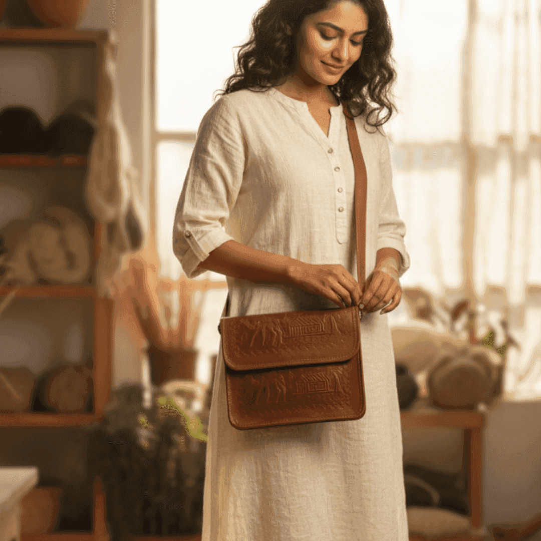 Woman holding a brown leather bag in a warm, indoor setting
