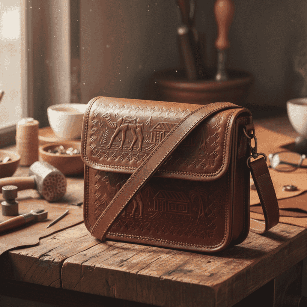 Brown leather bag with embossed designs on a wooden surface