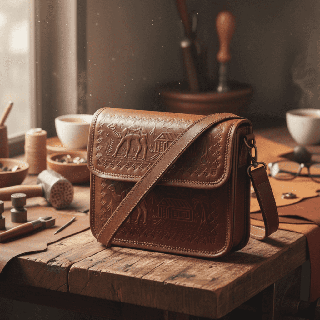 Cherry leather bag with embossed designs on a wooden surface