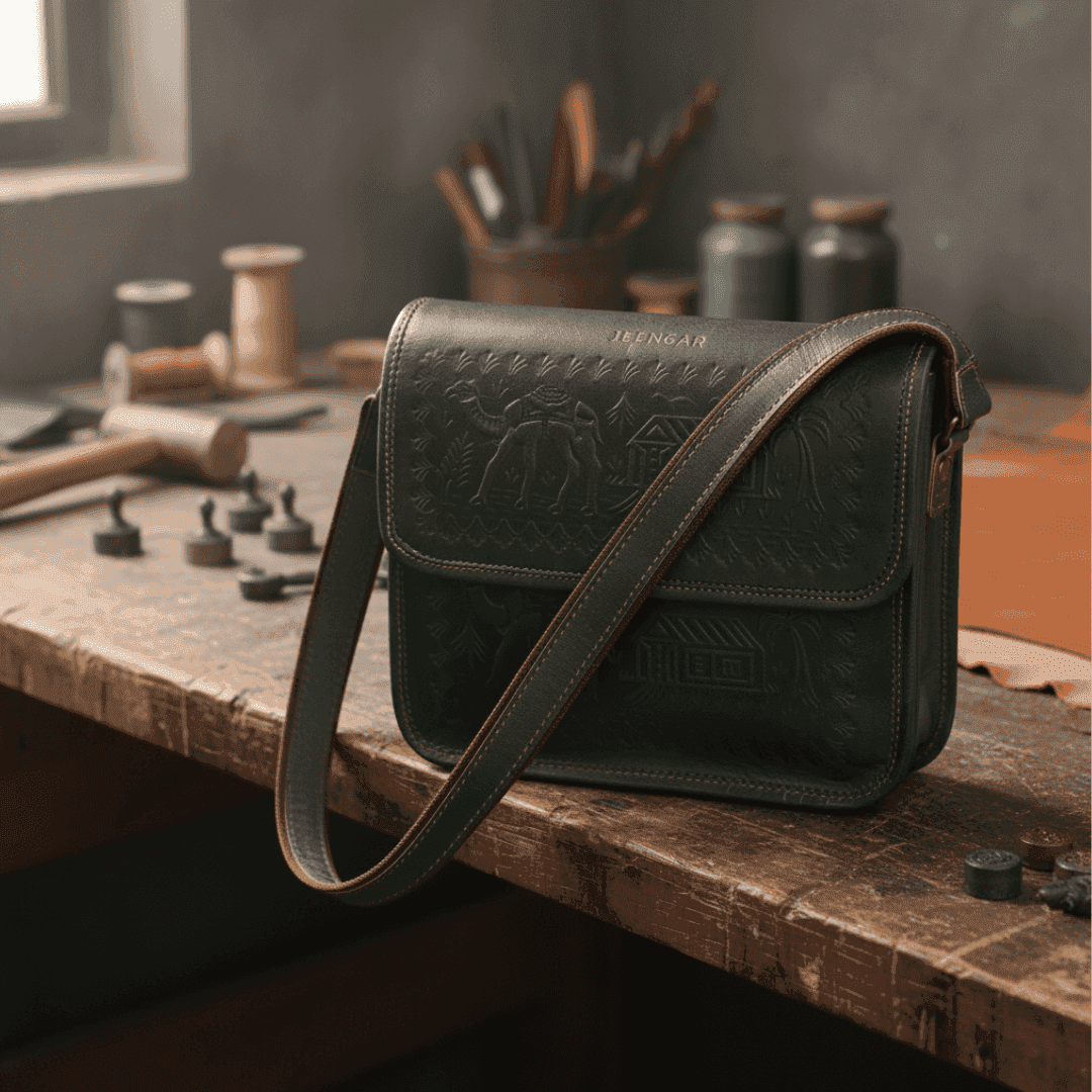 Dark Olive Green leather bag on a wooden workbench with tools in the background