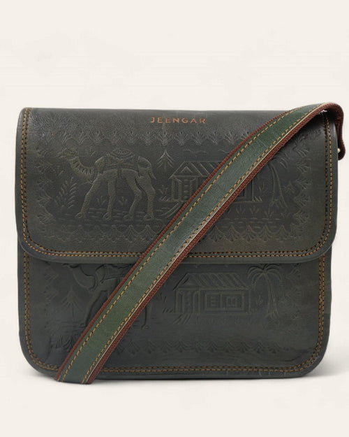 Embossed Rajasthani leather bag, handmade by Jeengar Mochi