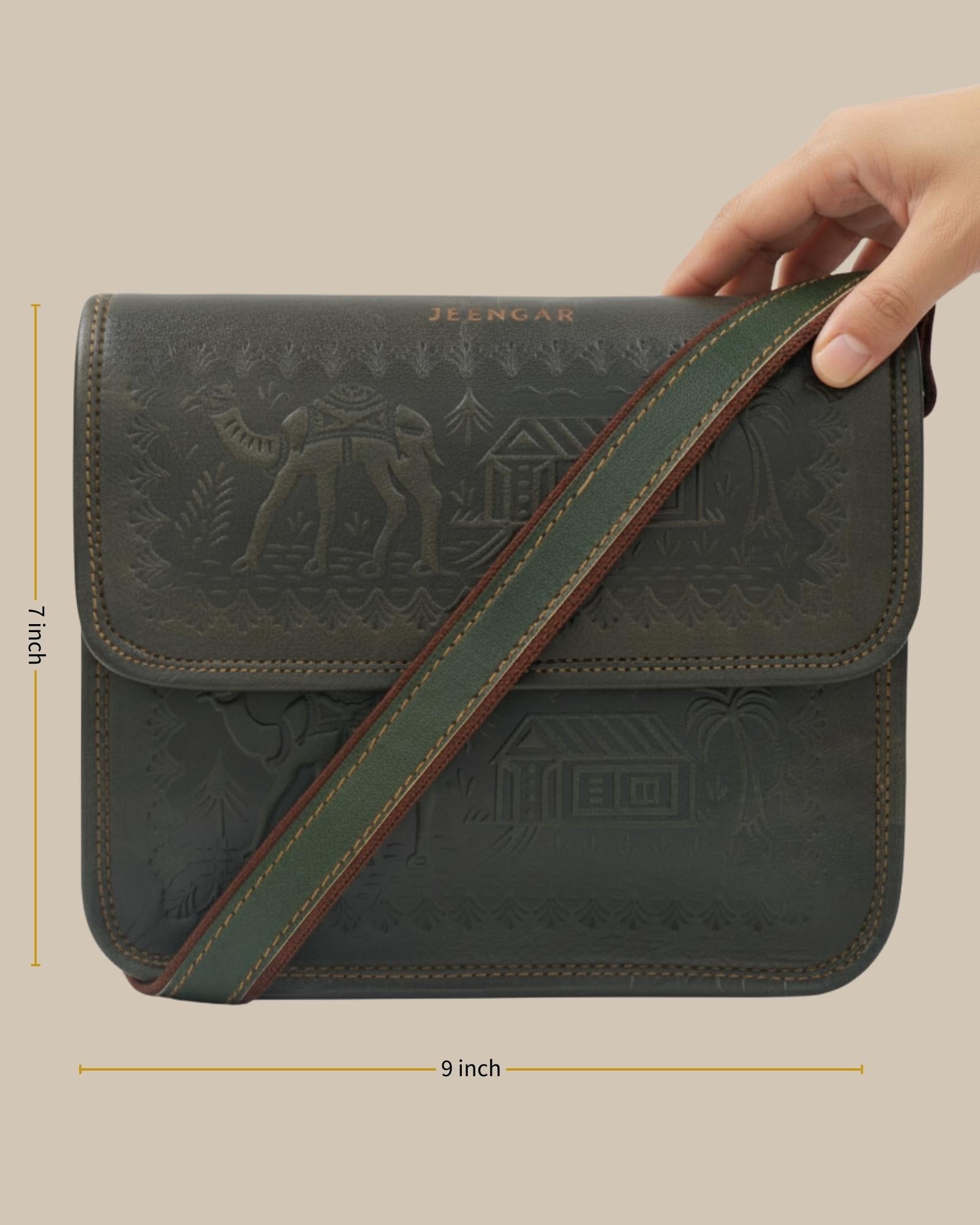 Embossed Rajasthani leather bag, handmade by Jeengar Mochi