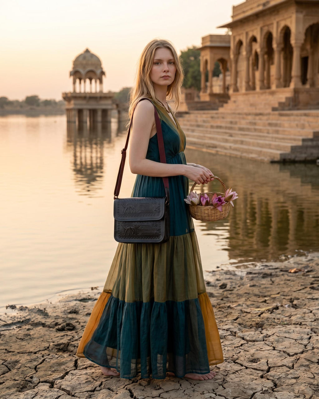 A dark green real leather sling bag handmade by jeengar artisans