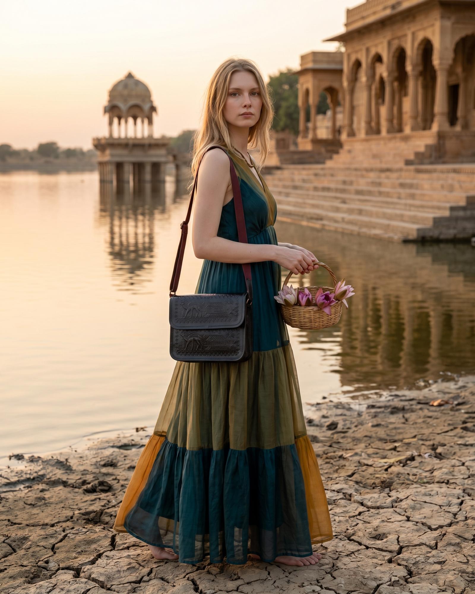 A dark green real leather sling bag handmade by jeengar artisans