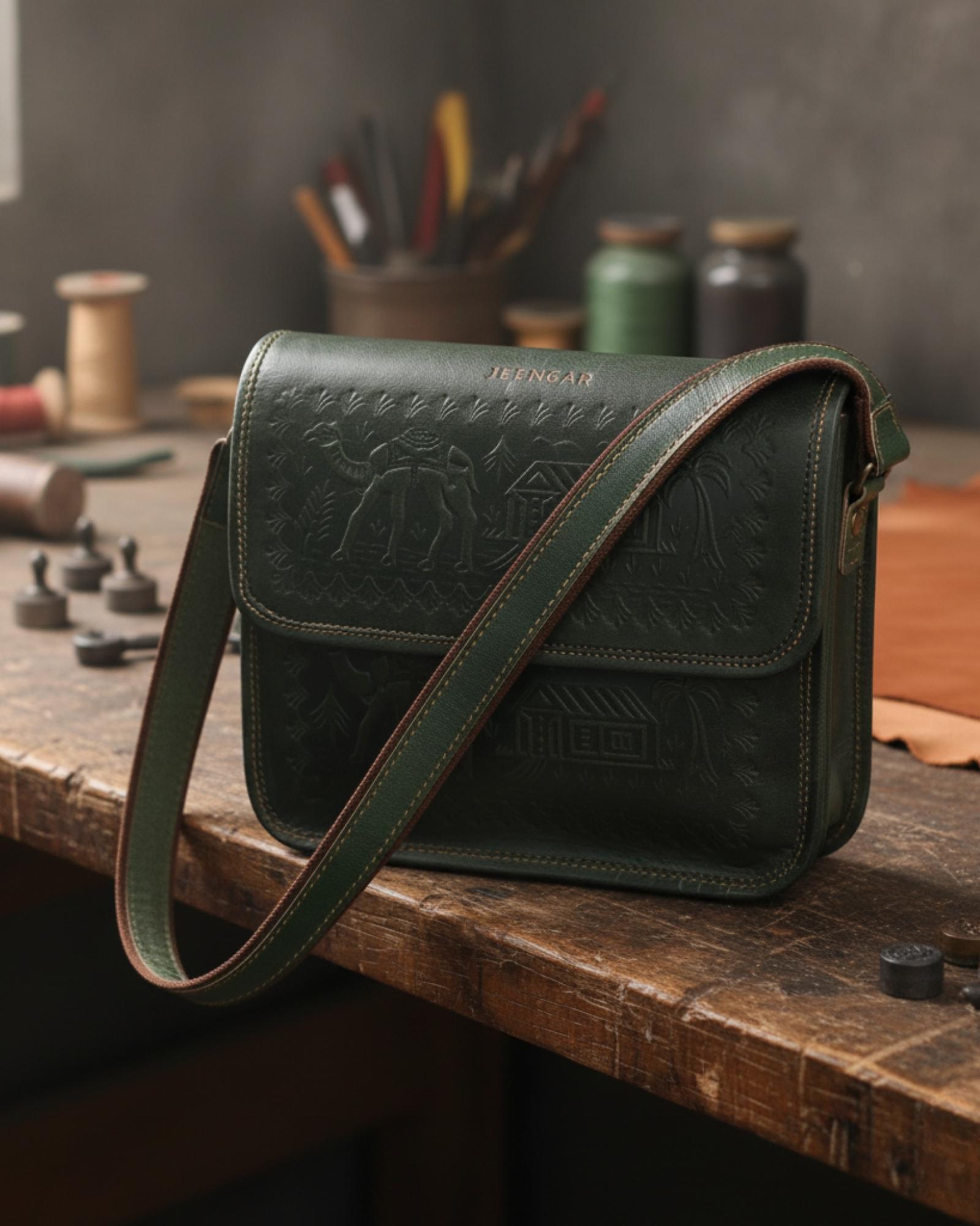 Embossed Rajasthani leather bag, handmade by Jeengar Mochi