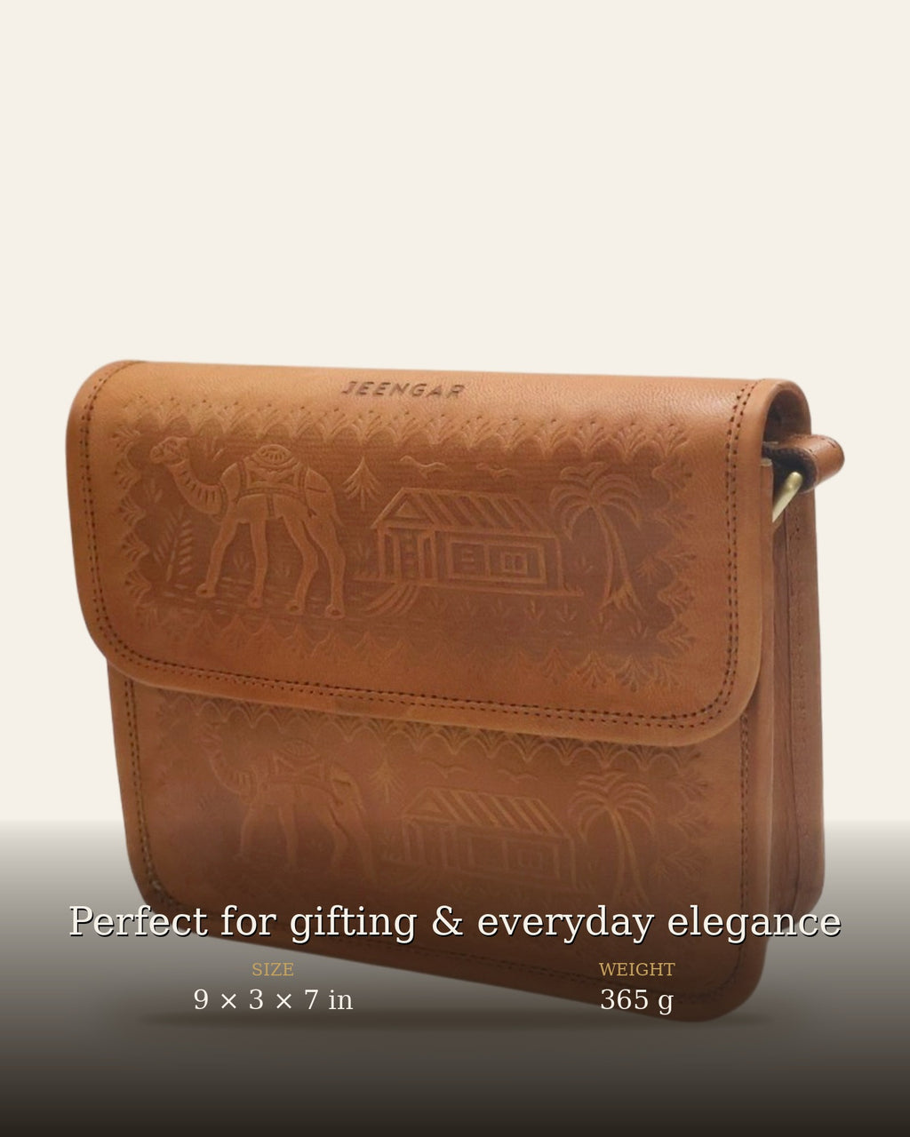The Pushkar Sling in Tan — dimensions 9 × 3 × 7 in, 365 g