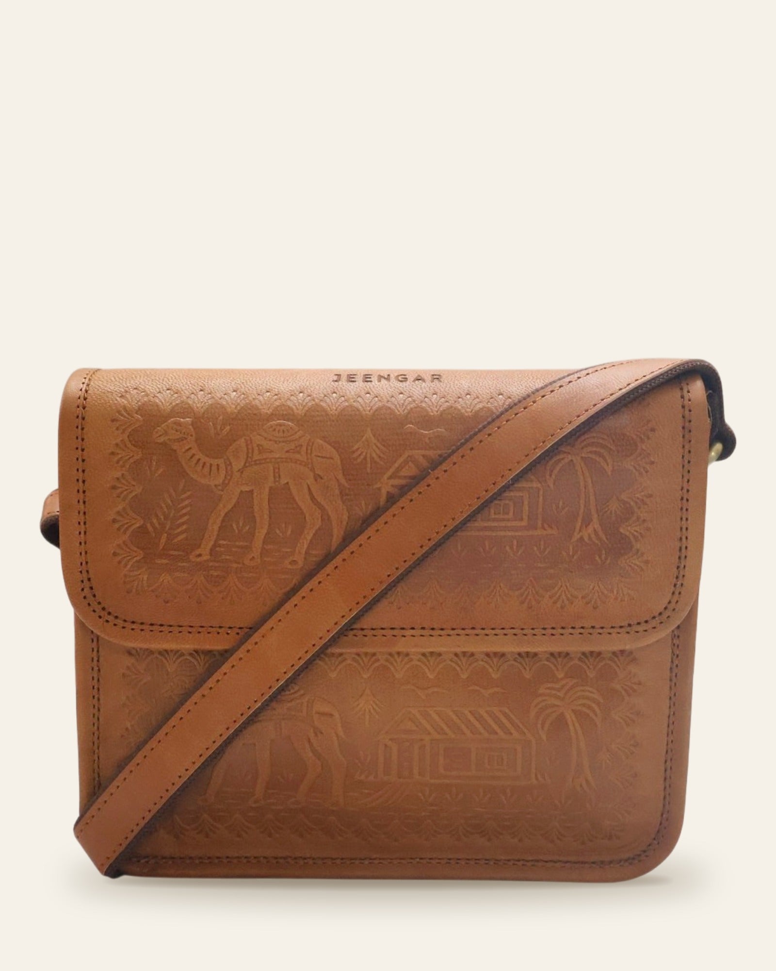 The Pushkar Sling in Tan — full adjustable crossbody strap