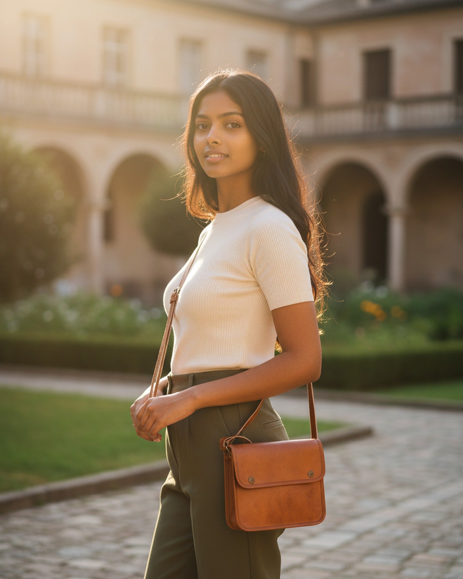 Woman wearing the Deogarh Sling crossbody in golden-hour light
