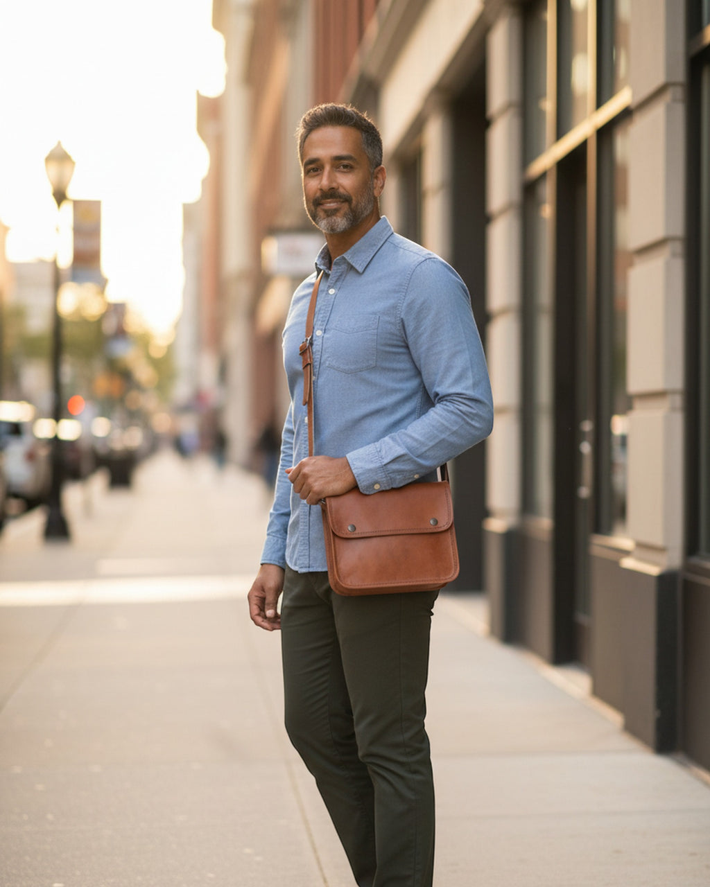 Man wearing the Deogarh Sling crossbody on a city street