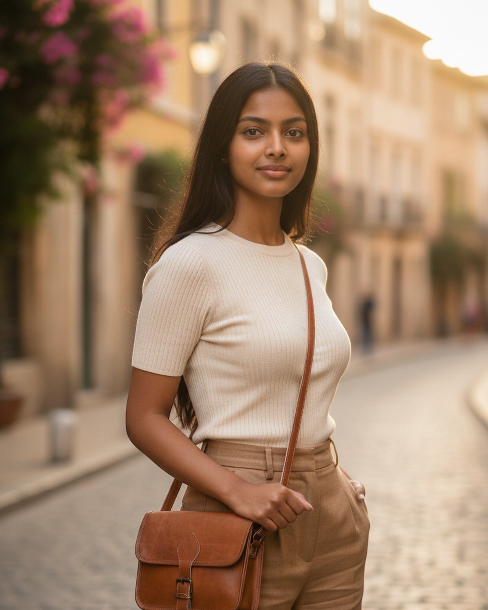 Woman wearing the Deogarh Sling Buckle Strap style crossbody