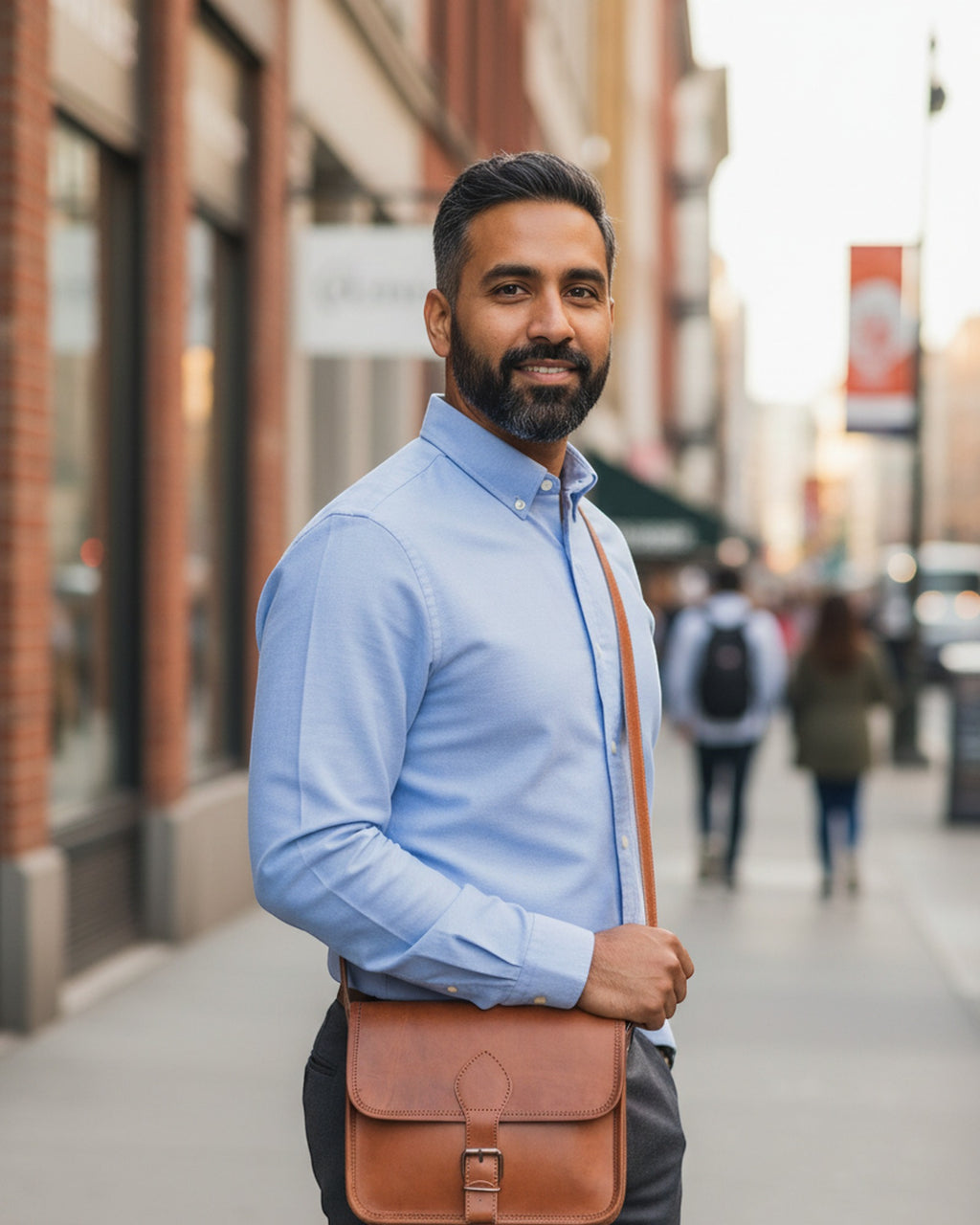 Man wearing the Deogarh Sling Buckle Strap style crossbody
