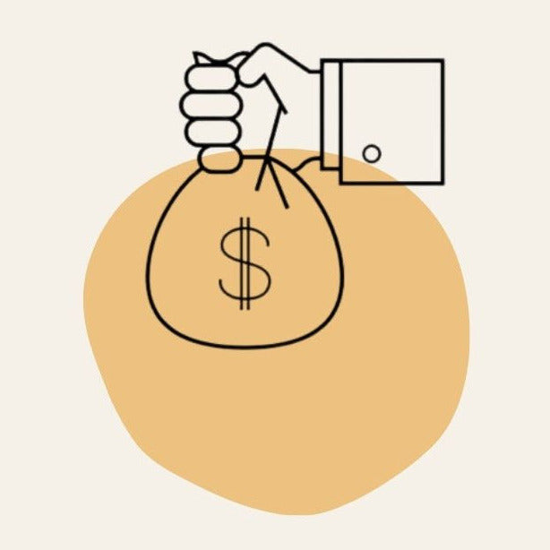 Illustration of a hand holding a bag of money with a dollar sign on a beige background