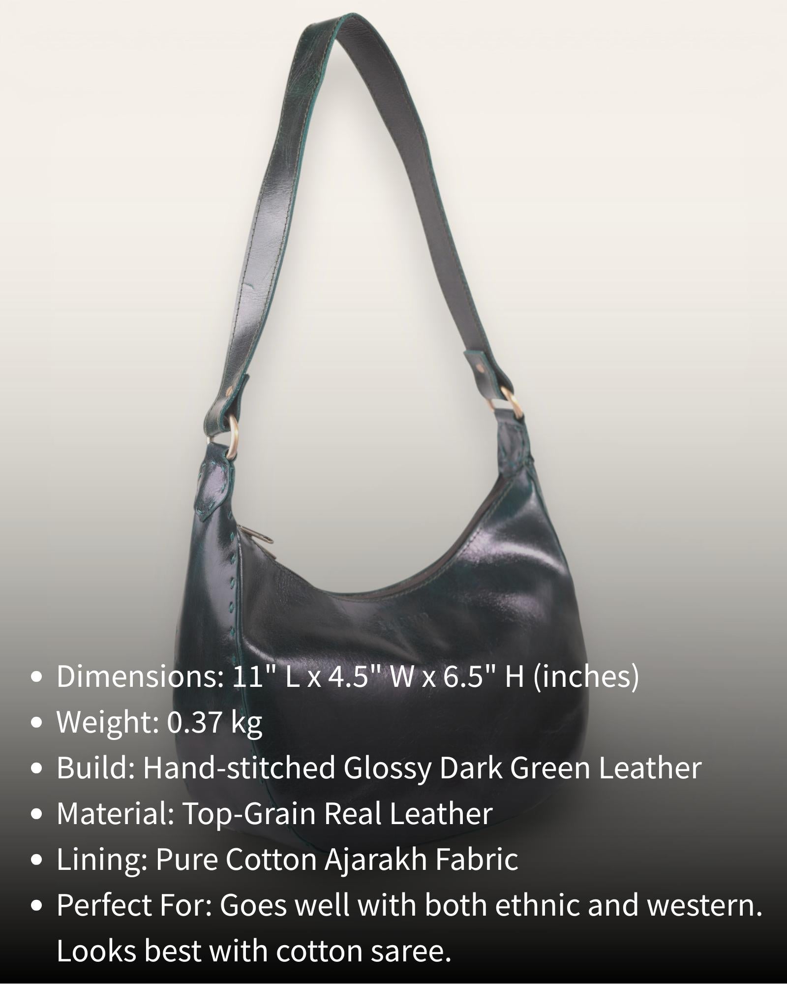 A dark green color real leather shoulder bag. It's spacious and beautiful.