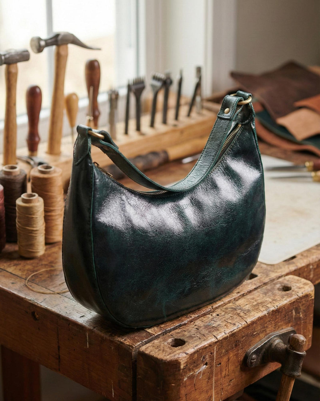 A dark green color real leather shoulder bag. It's spacious and beautiful.
