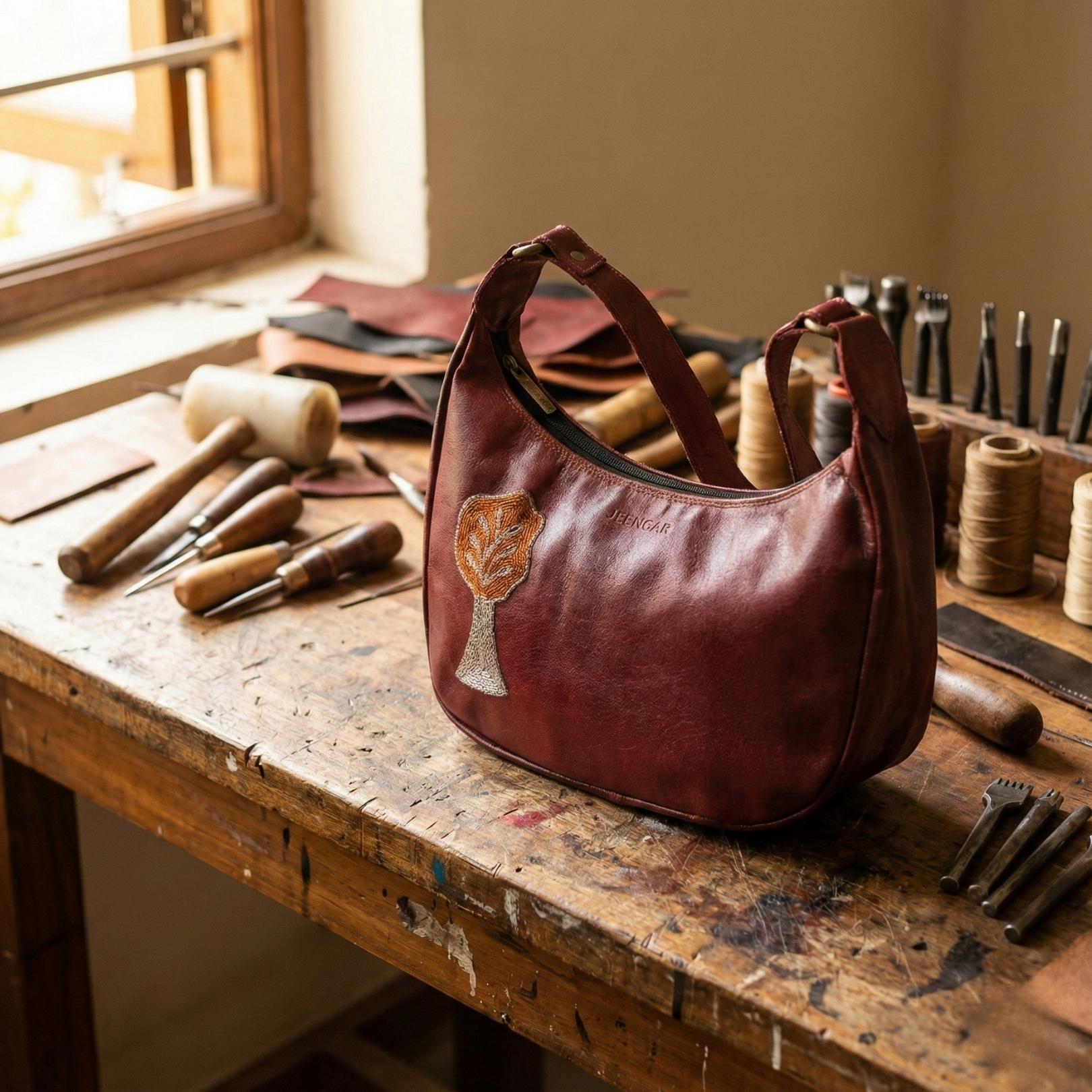 Handmade leather shoulder bag with kashida
