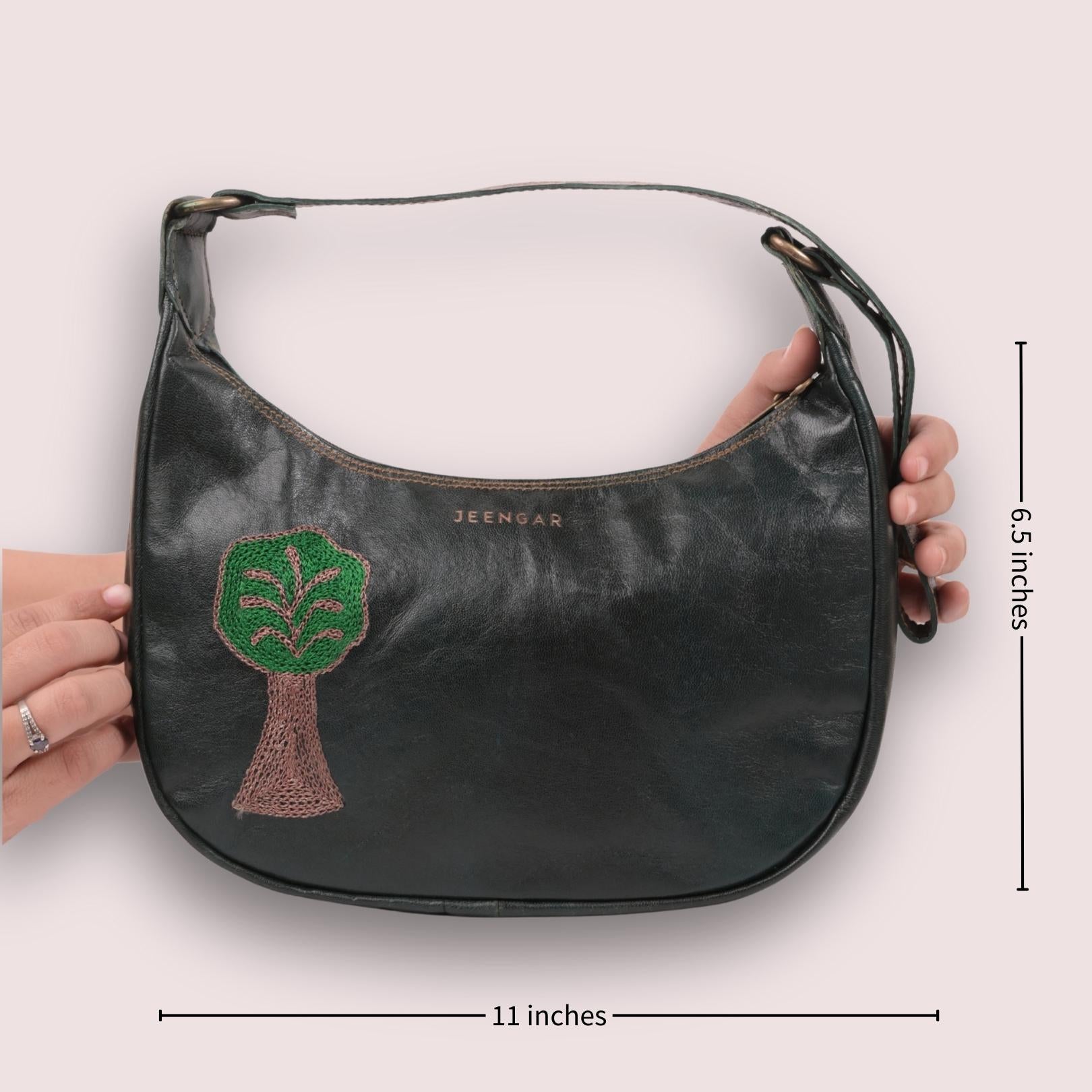 Green Dark olive leather shoulder bag with kashida
