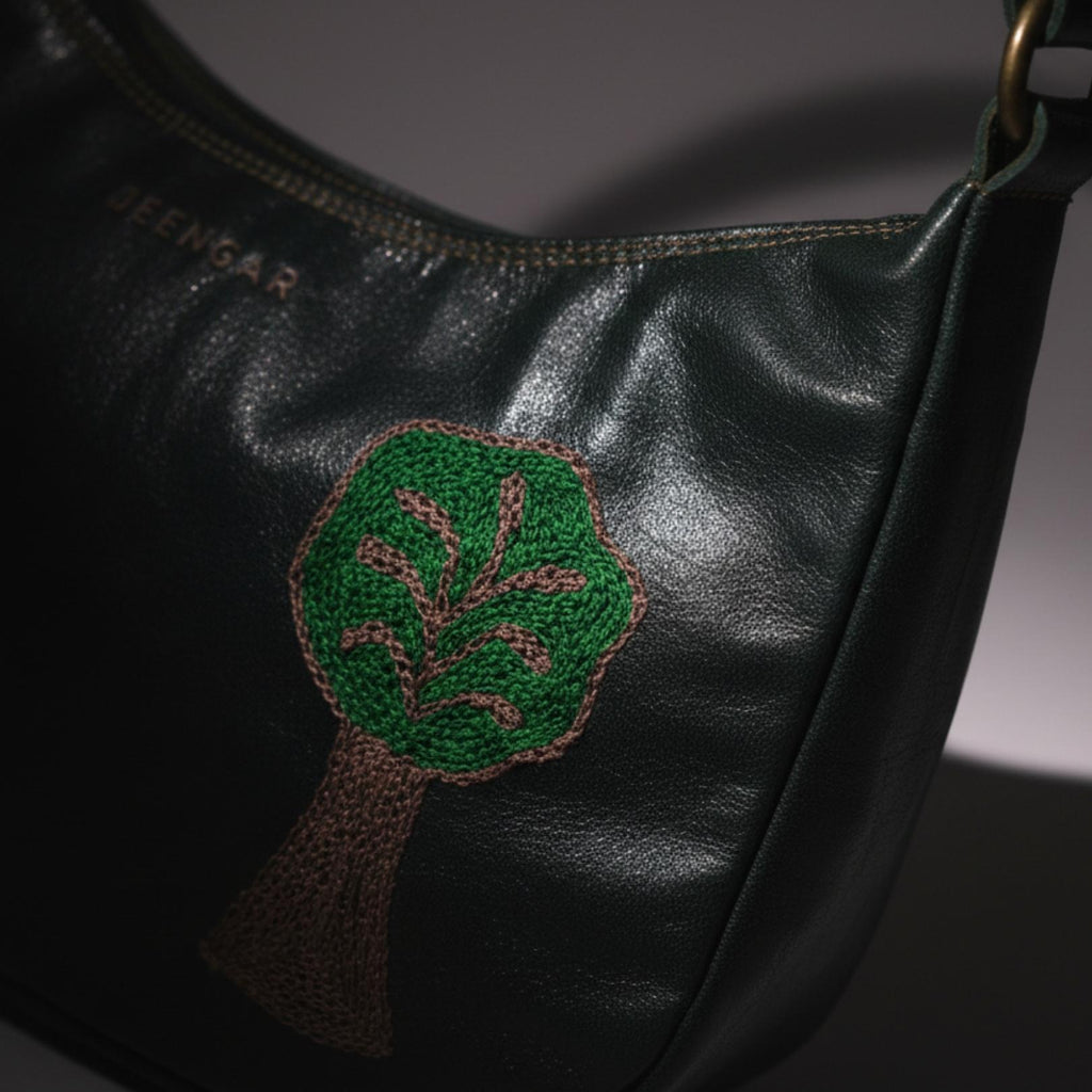 lose-up of the hand-embroidered Tree of Life detail on the Padmini leather shoulder bag.