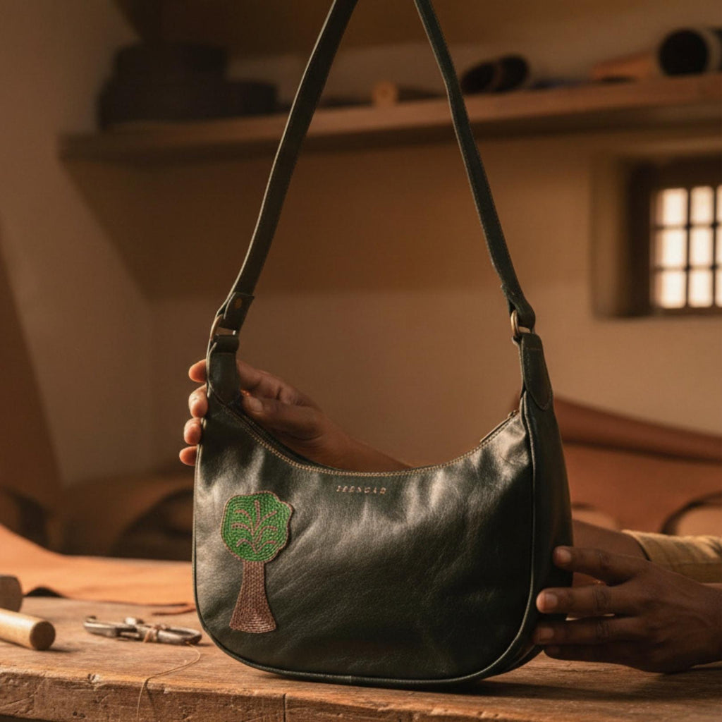 Green Dark olive leather shoulder bag with kashida