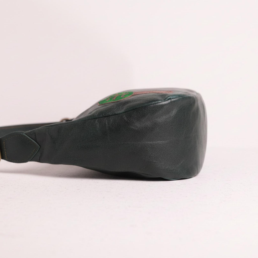 Green Dark olive leather shoulder bag with kashida