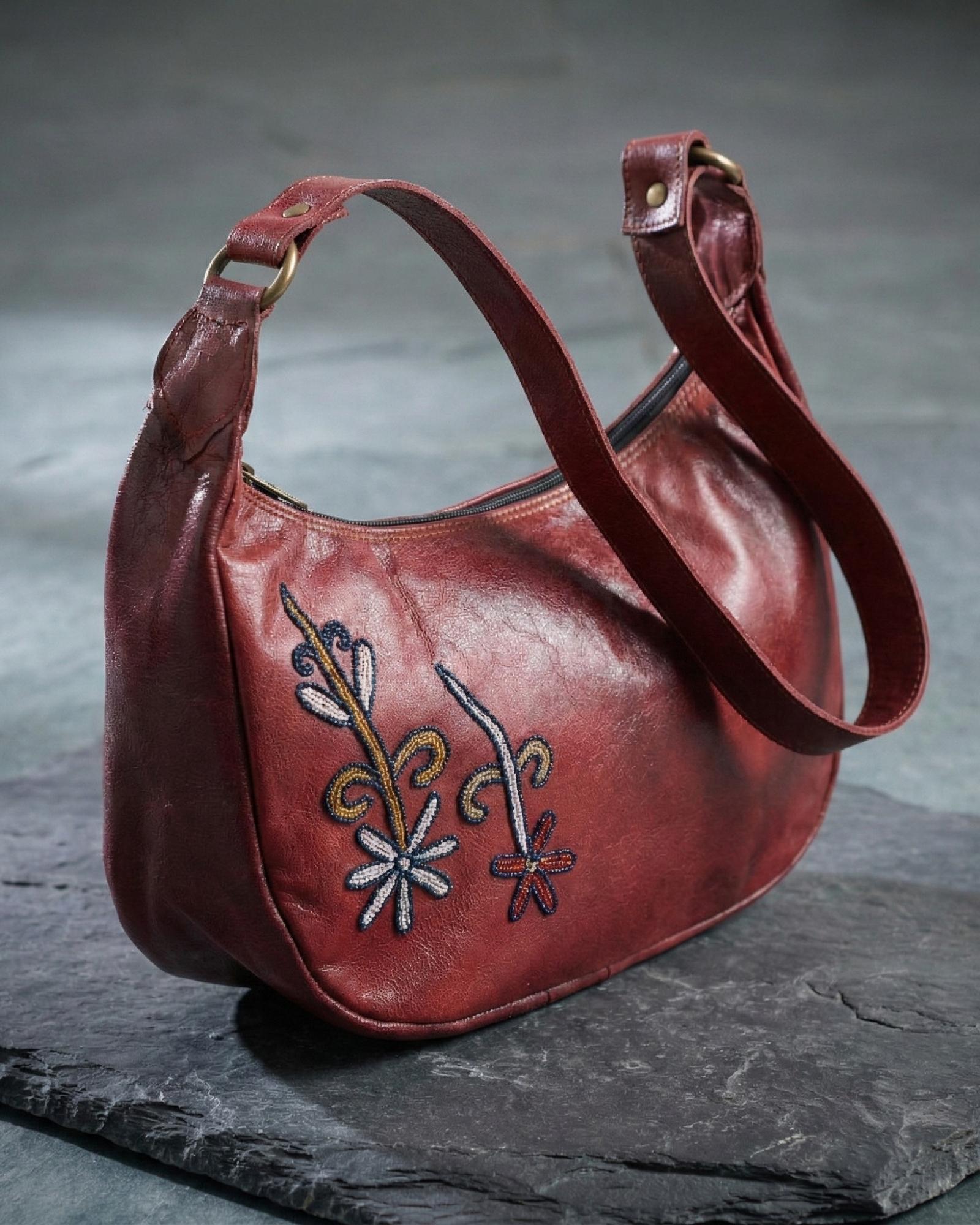 Real leather red chery color embroidered kashidakari shoulder bag, unique design