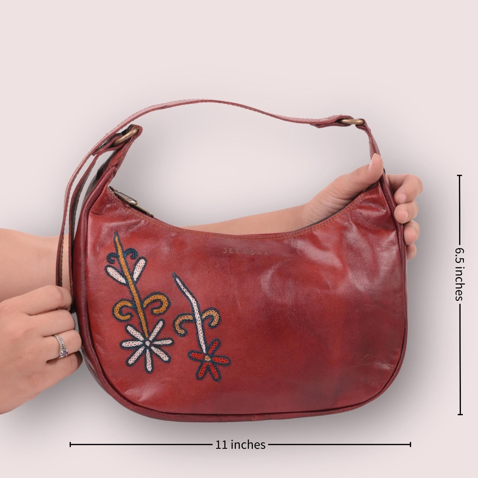 Cherry red leather shoulder bag for women with kashida