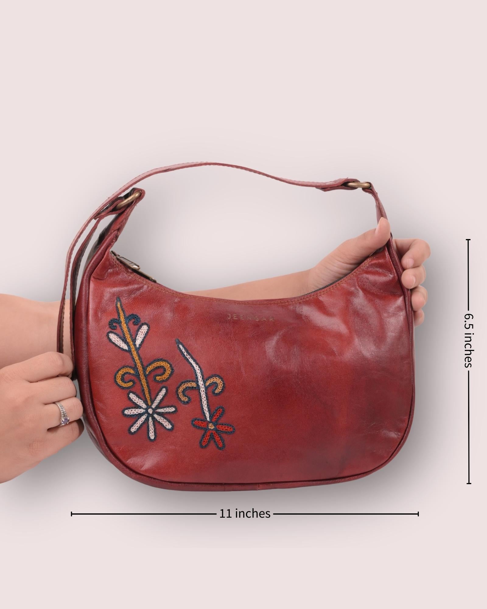 Real leather red chery color embroidered kashidakari shoulder bag, unique design