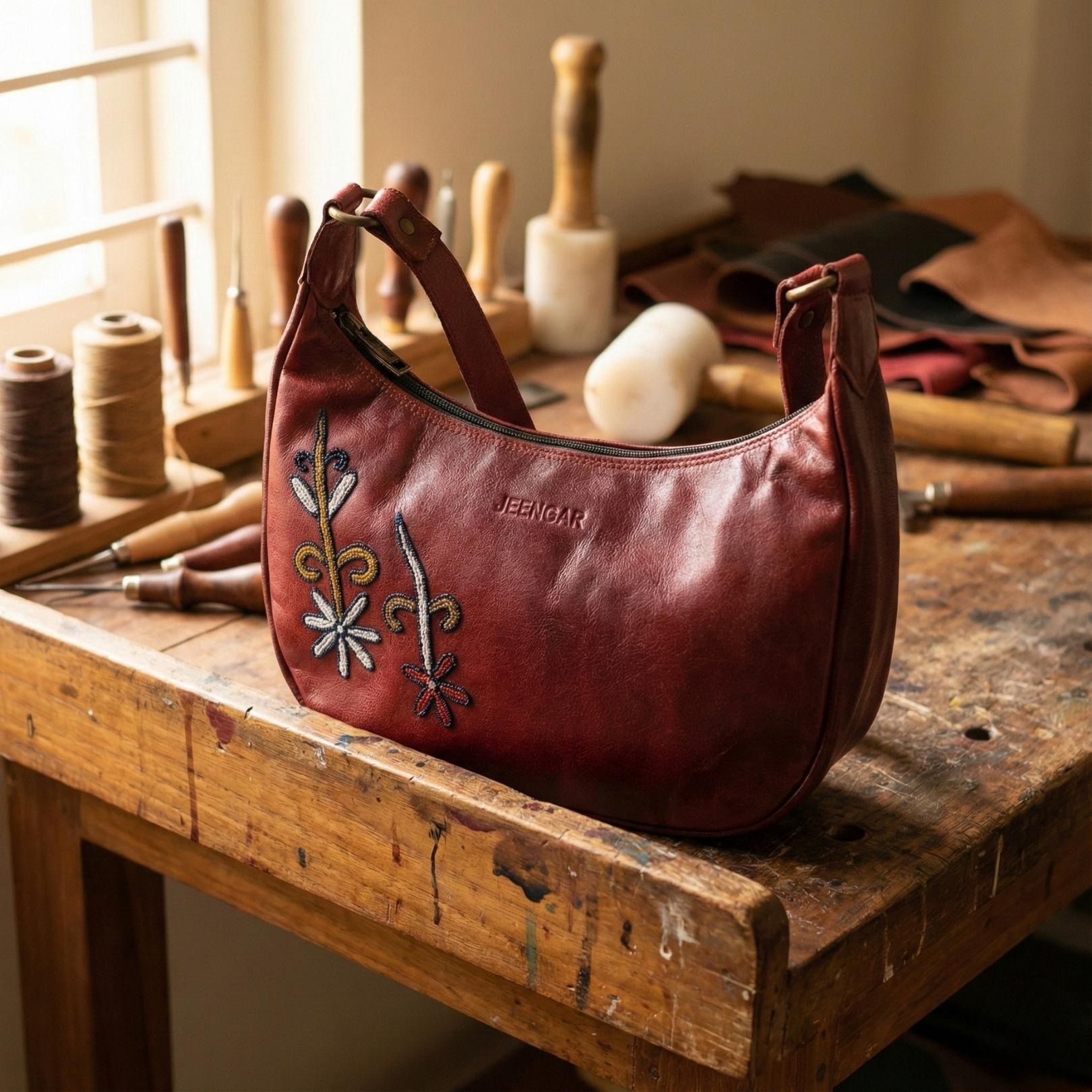 Cherry red leather shoulder bag for women with kashida