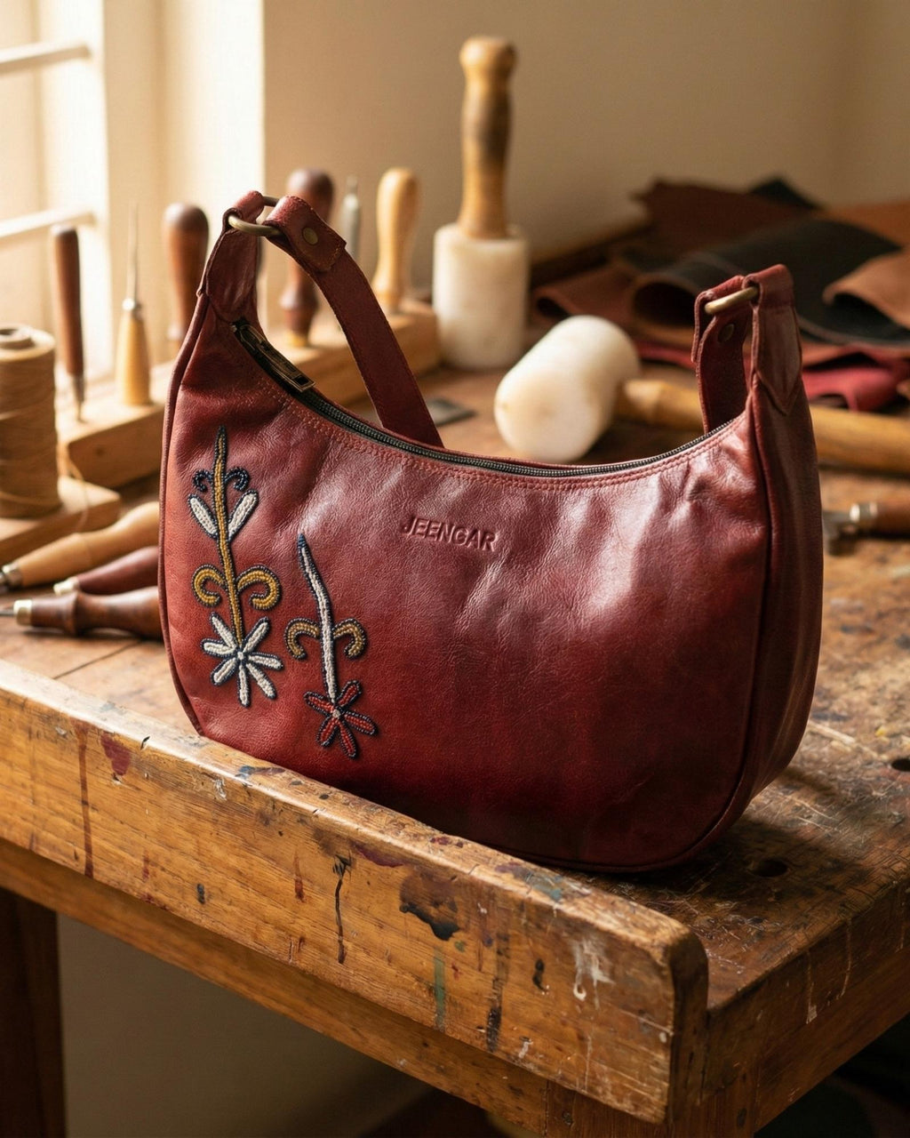 Real leather red chery color embroidered kashidakari shoulder bag, unique design