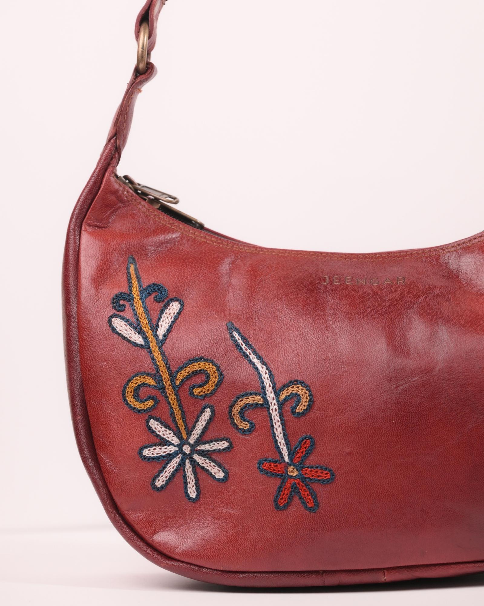 Real leather red chery color embroidered kashidakari shoulder bag, unique design
