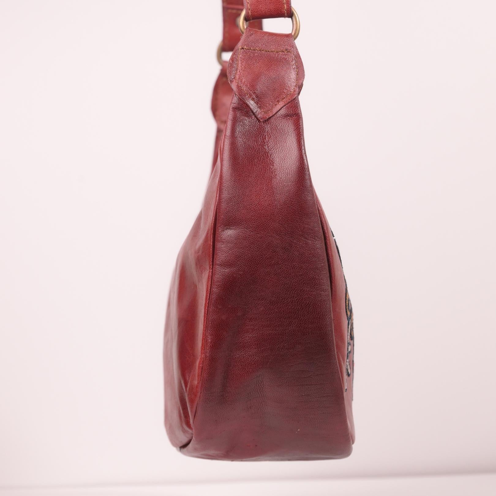 Cherry red leather shoulder bag for women with kashida