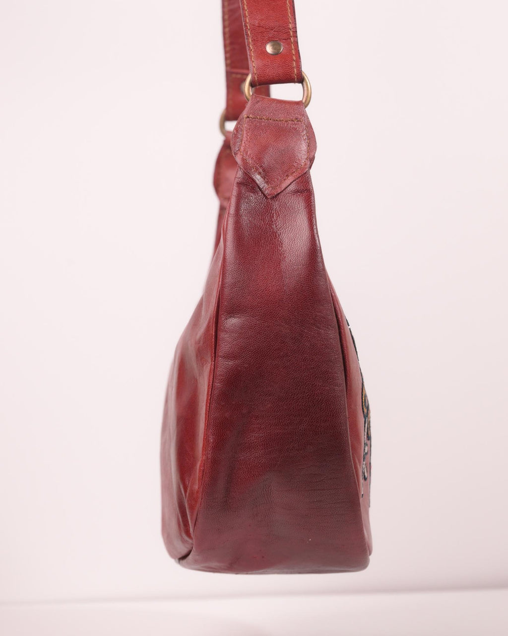 Real leather red chery color embroidered kashidakari shoulder bag, unique design