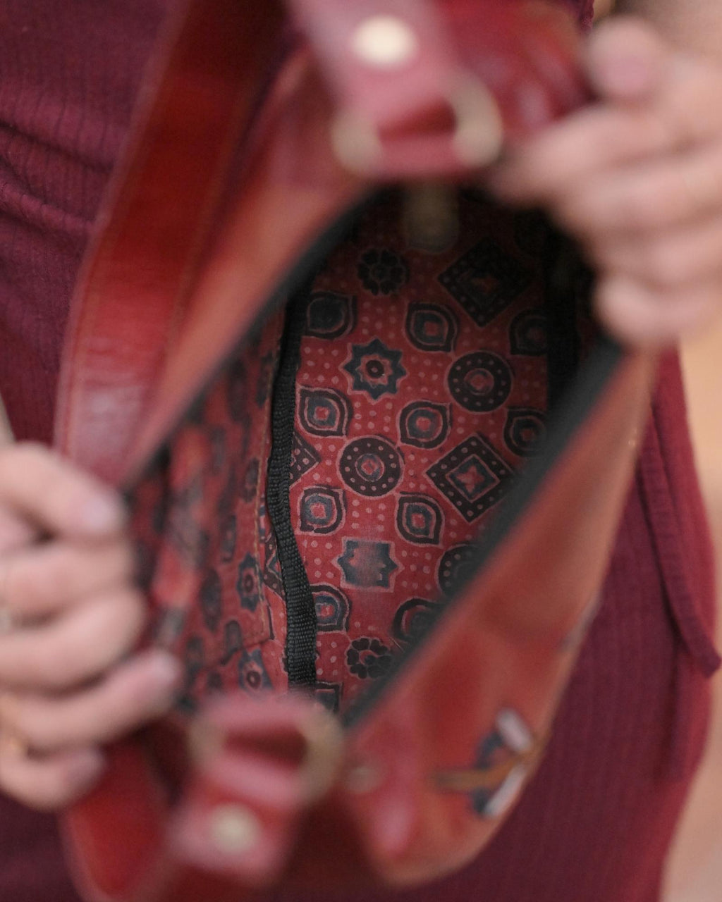Real leather red chery color embroidered kashidakari shoulder bag, unique design