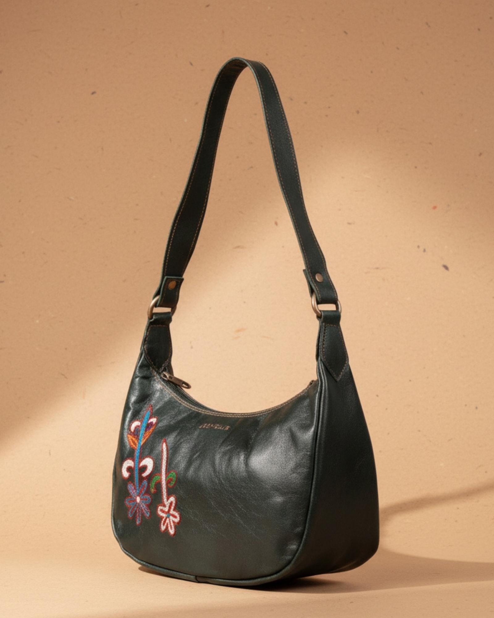 Real leather green olive color embroidered kashidakari shoulder bag, unique design