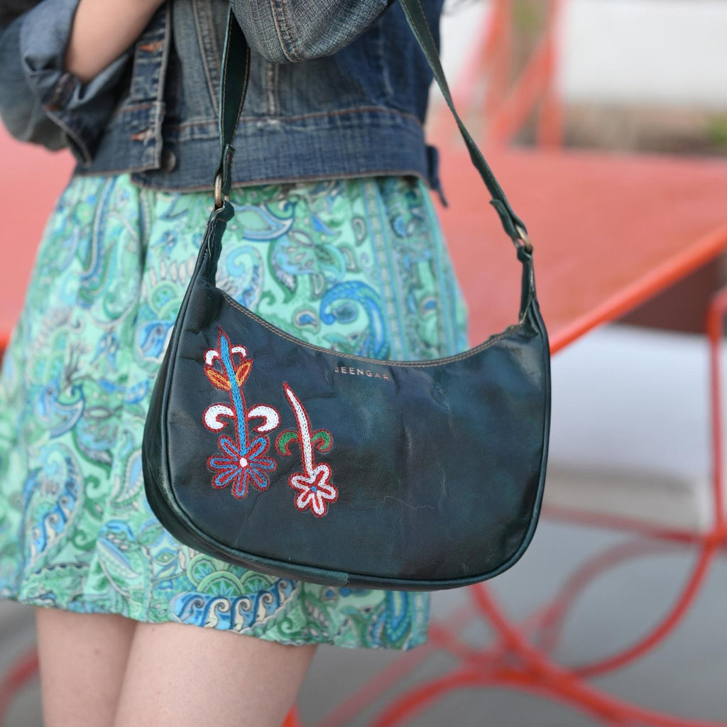 Dark olive green leather shoulder bag for women with kashida