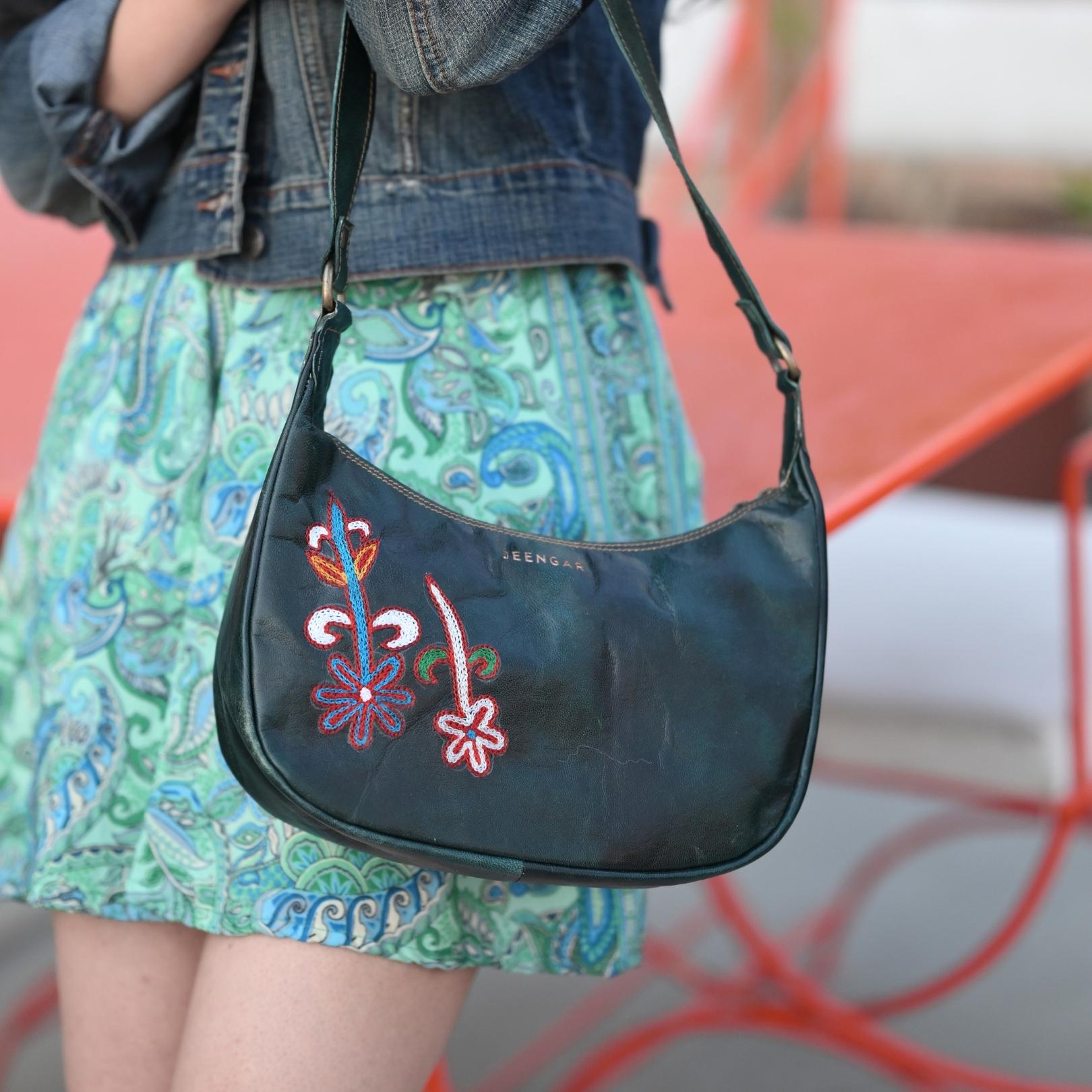 Dark olive green leather shoulder bag for women with kashida