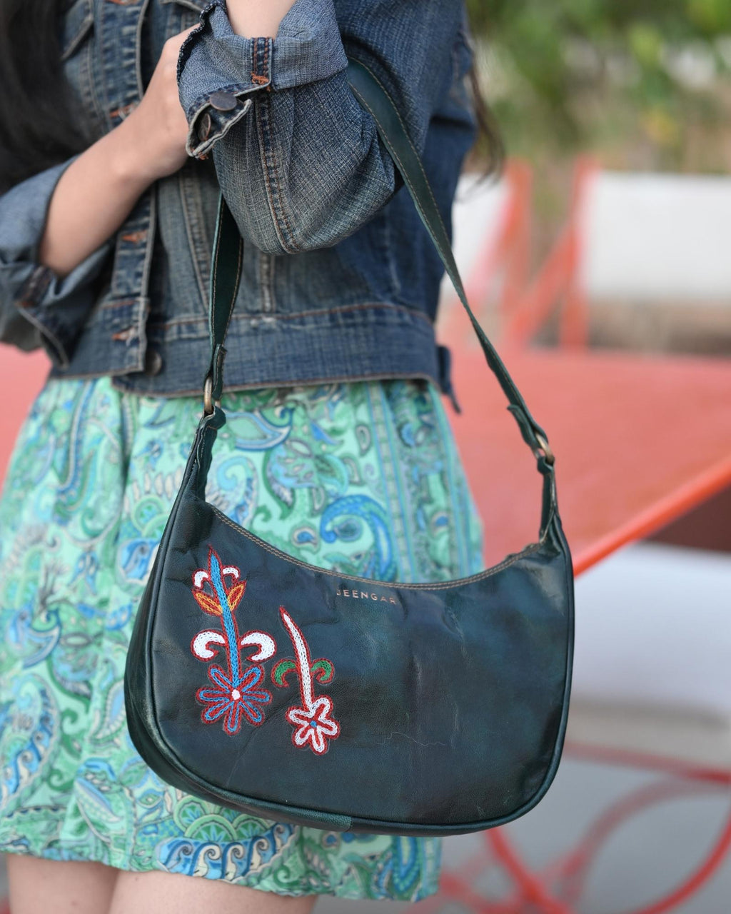 Real leather green olive color embroidered kashidakari shoulder bag, unique design