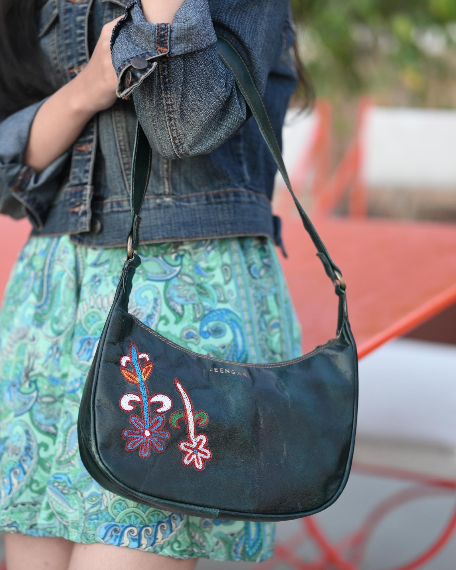 Real leather green olive color embroidered kashidakari shoulder bag, unique design
