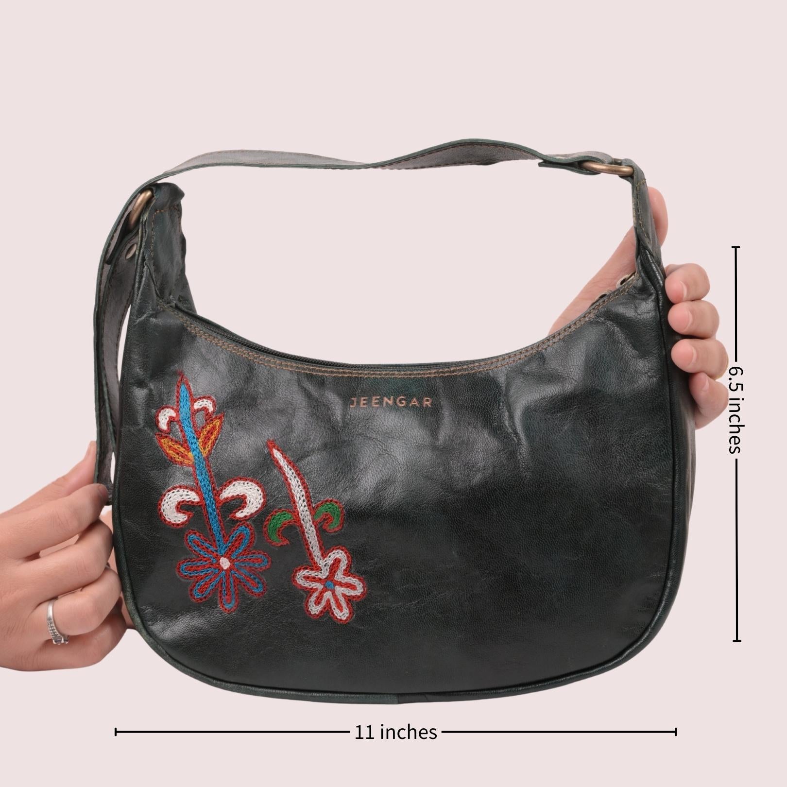 Dark olive green leather shoulder bag for women with kashida