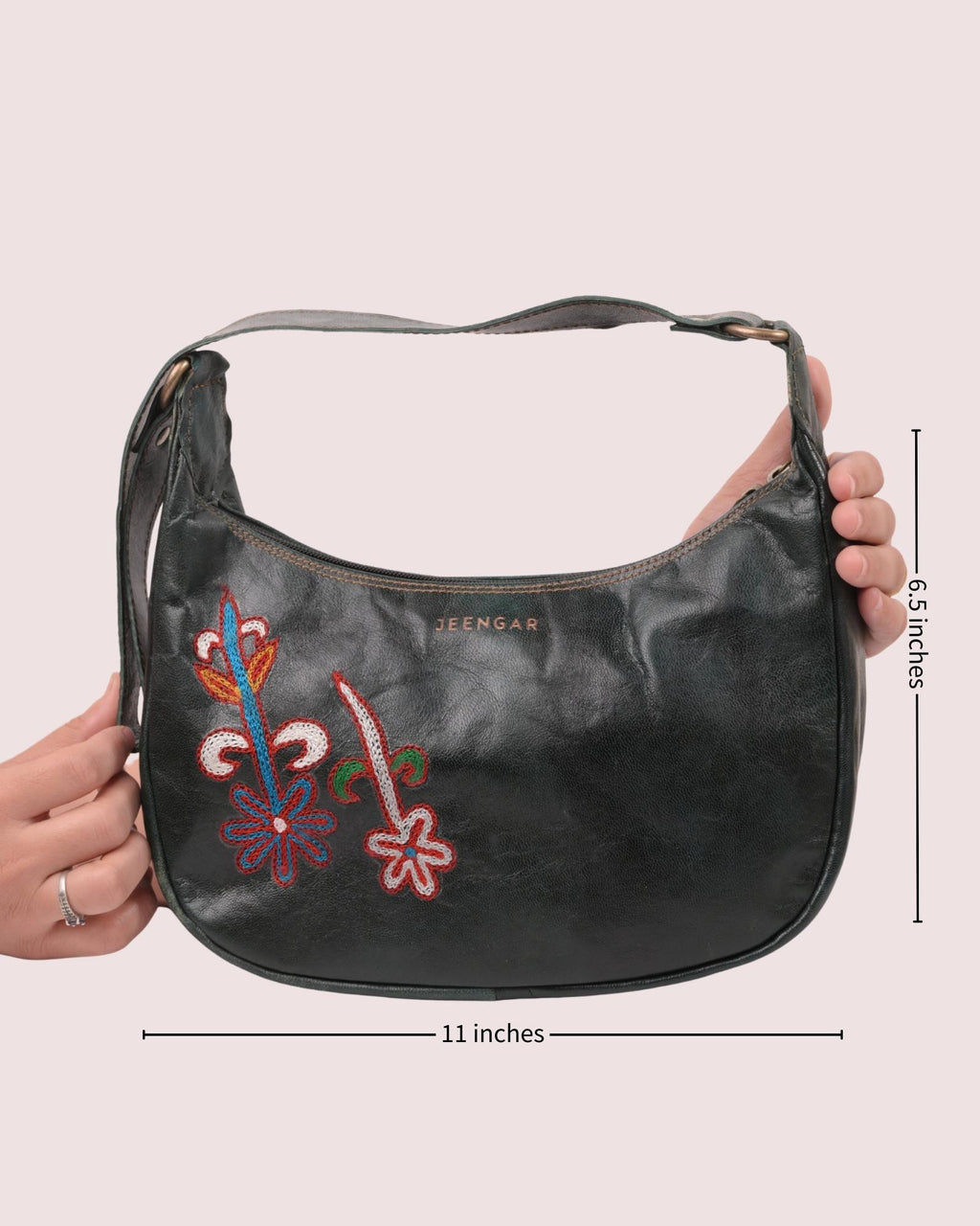 Real leather green olive color embroidered kashidakari shoulder bag, unique design