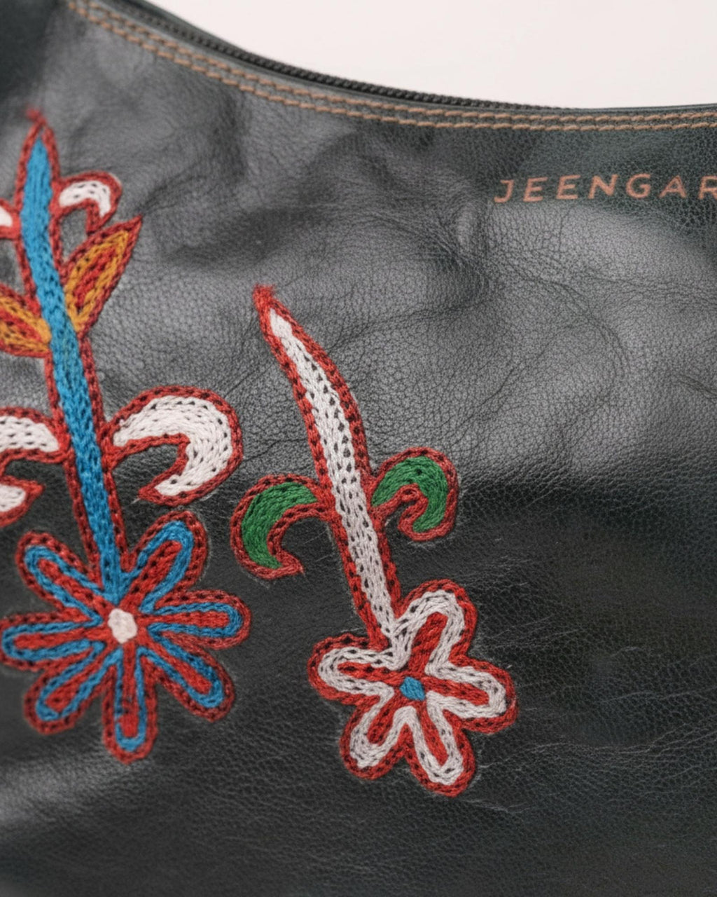 Real leather green olive color embroidered kashidakari shoulder bag, unique design