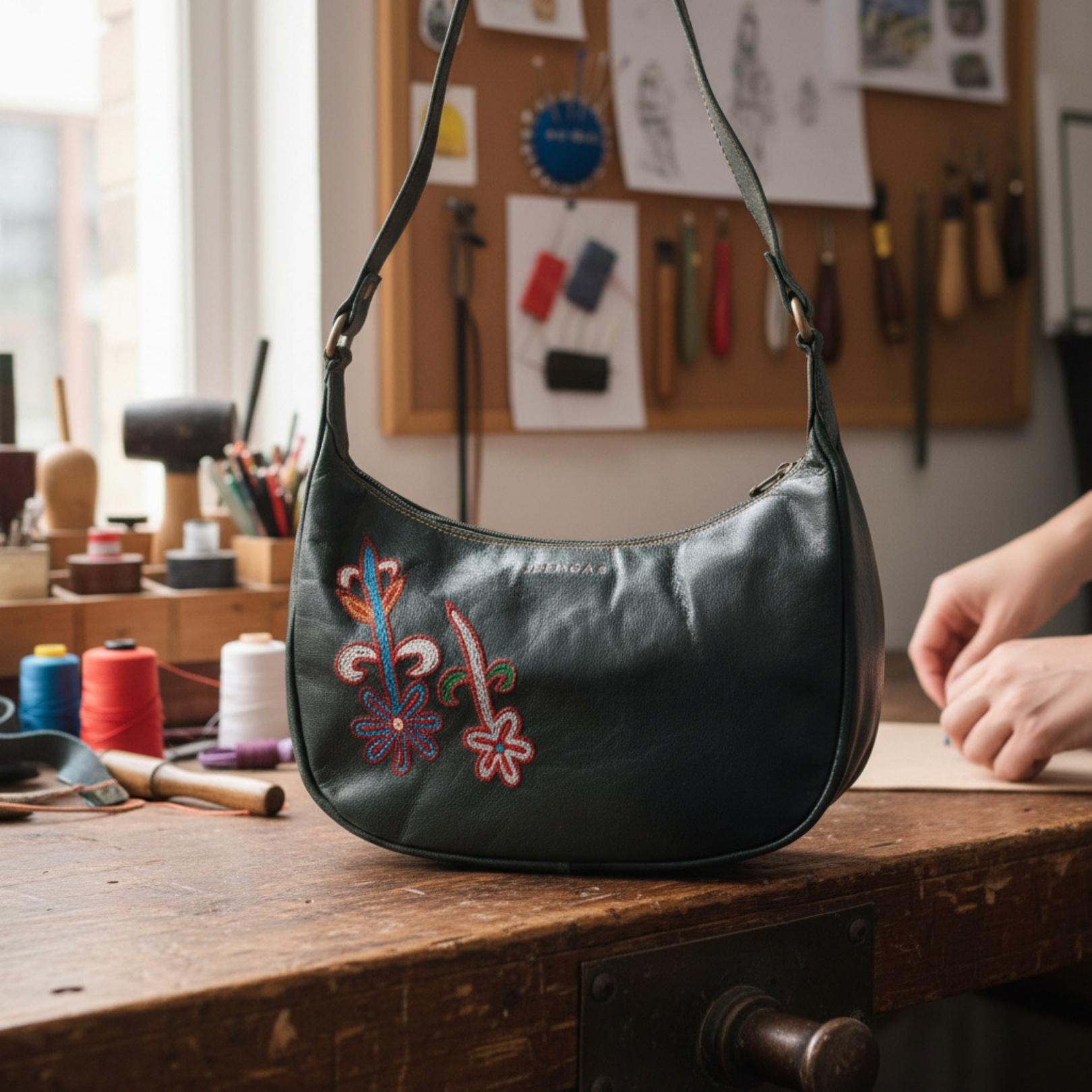 Dark olive green leather shoulder bag for women with kashida