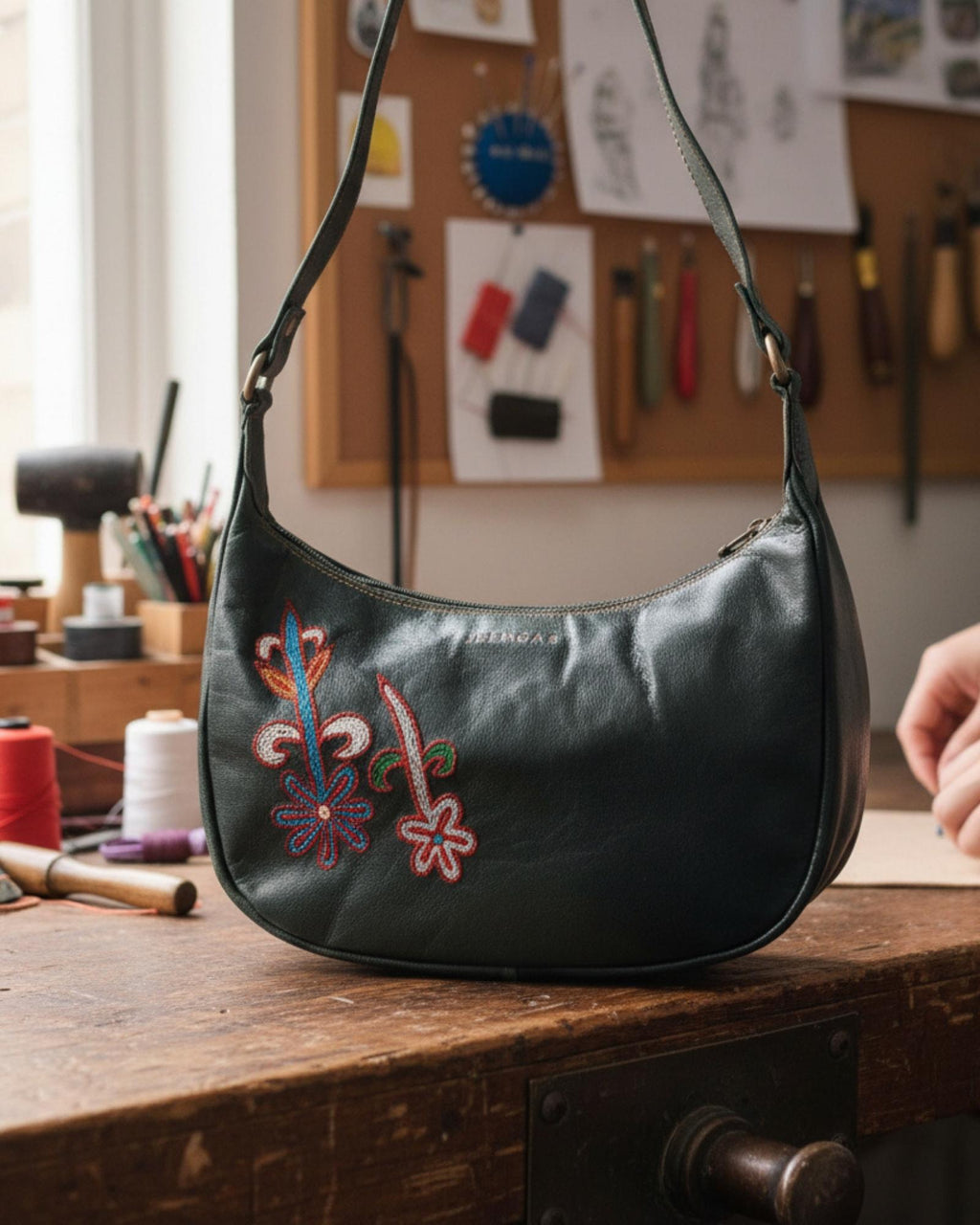 Real leather green olive color embroidered kashidakari shoulder bag, unique design