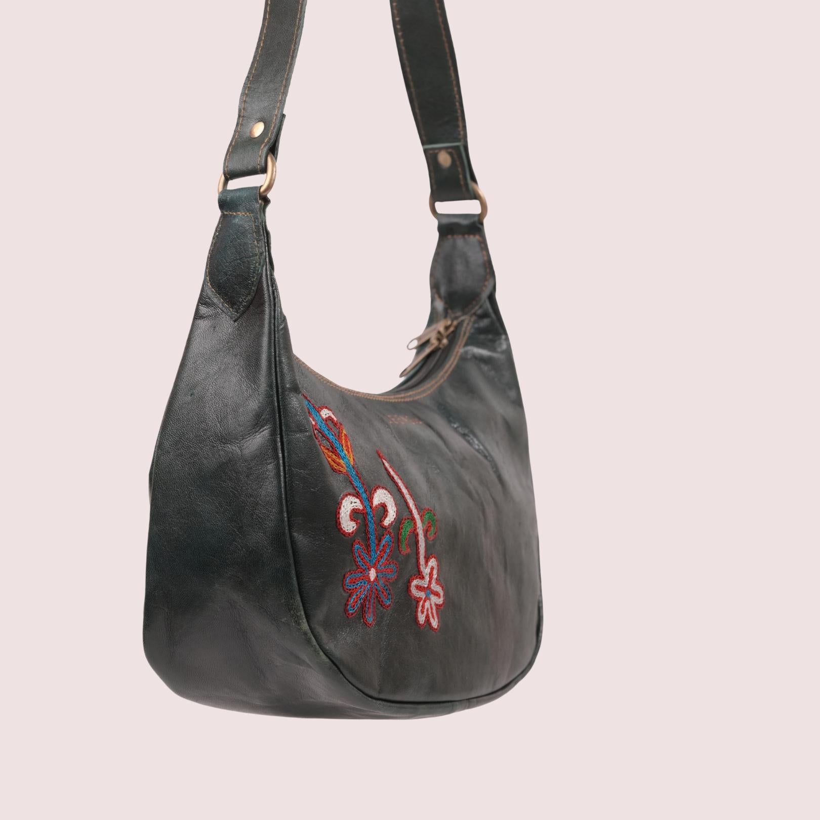 Dark olive green leather shoulder bag for women with kashida