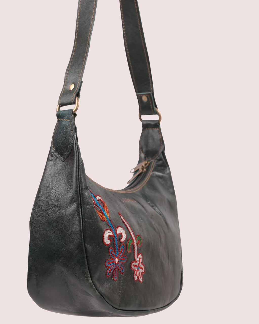 Real leather green olive color embroidered kashidakari shoulder bag, unique design