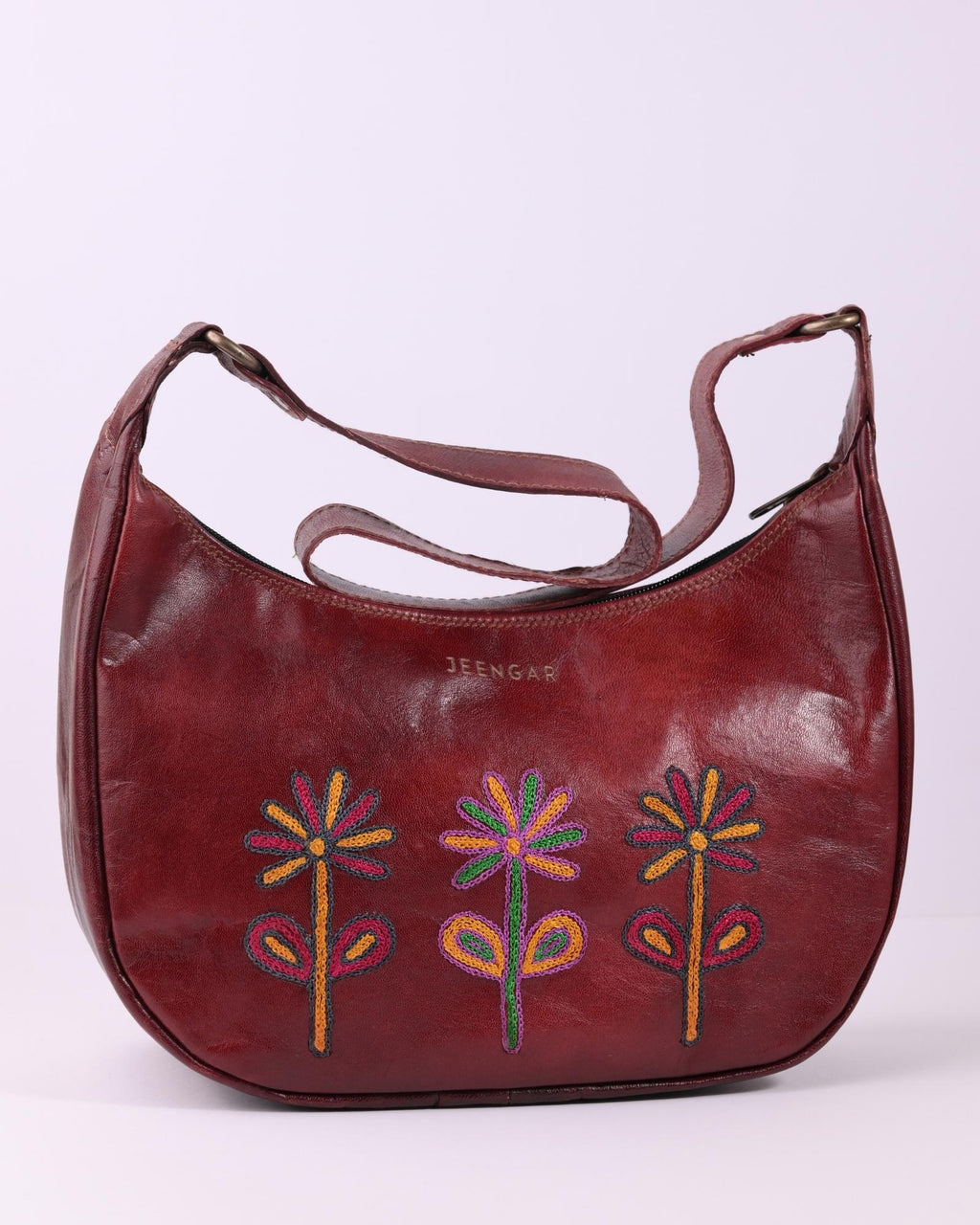 Red colour goat leather kashida shoulder bag