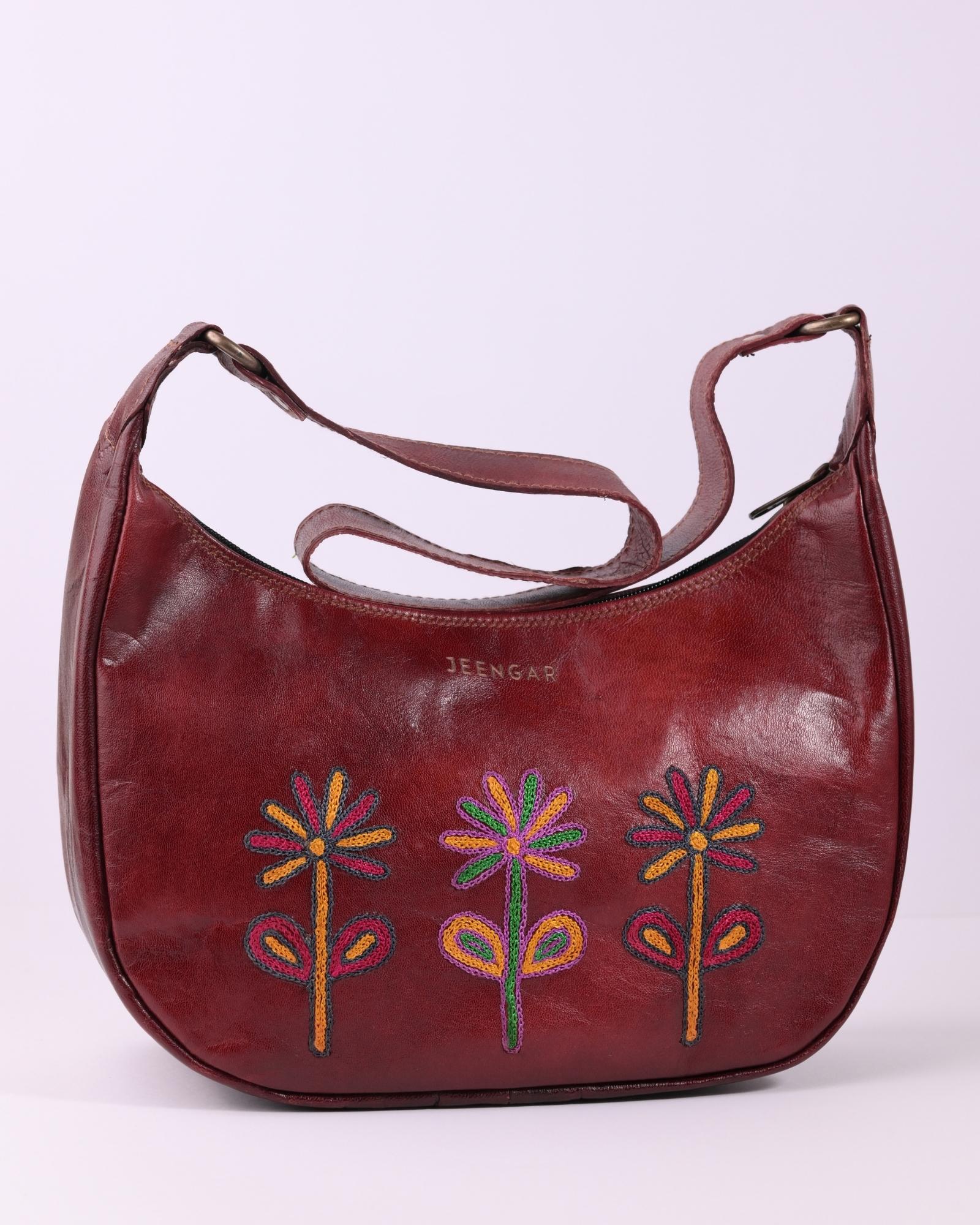 Red colour goat leather kashida shoulder bag