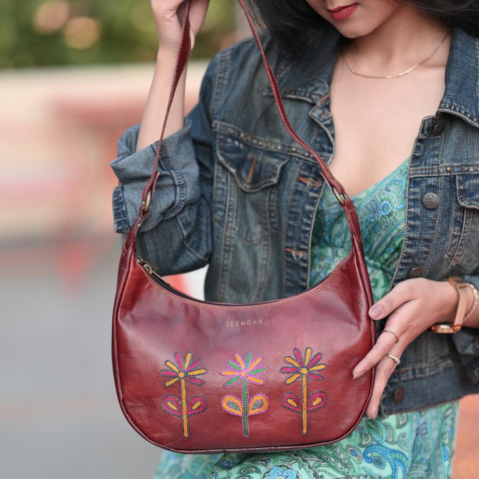Cherry red leather shoulder bag for women with embroidery
